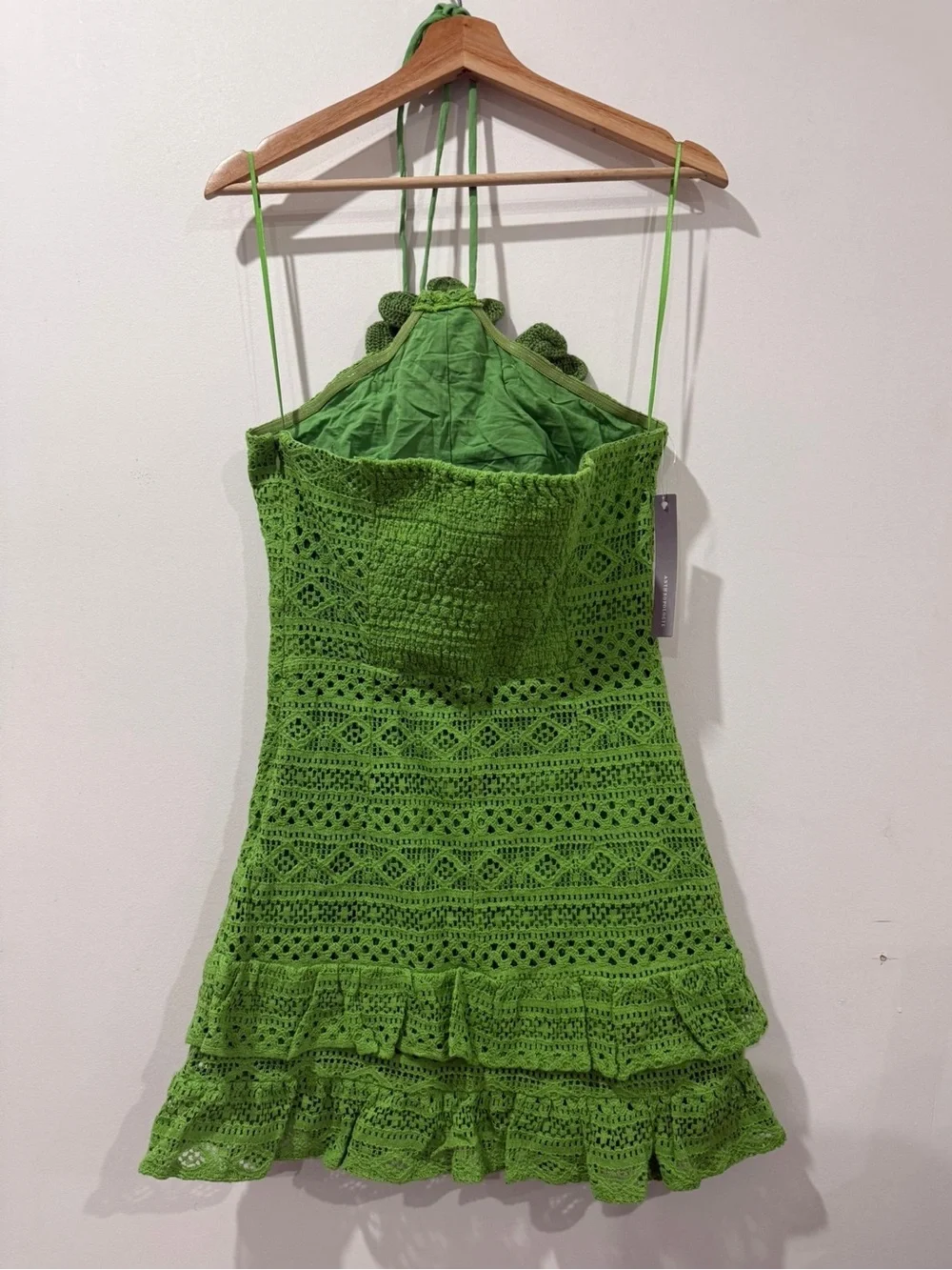 Farm Rio for Anthropologie Green Crochet Floral Halter Mini Dress Size M NWT - Picture 13 of 15